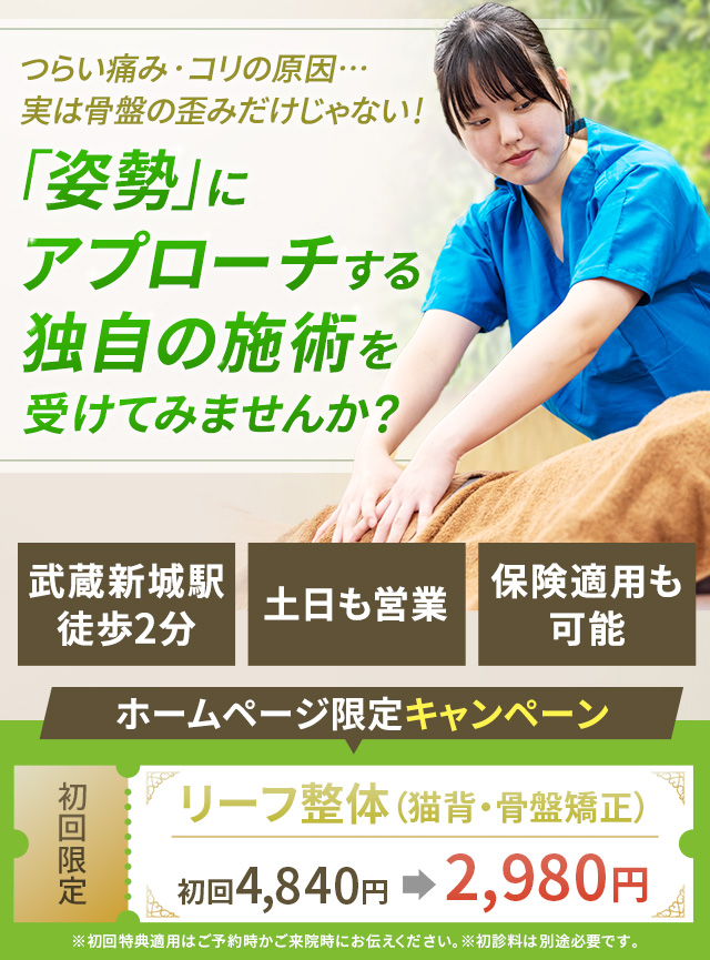 つらい痛み・コリの原因…実は骨盤の歪みだけじゃない!「姿勢」にアプローチする独自の施術を受けてみませんか?